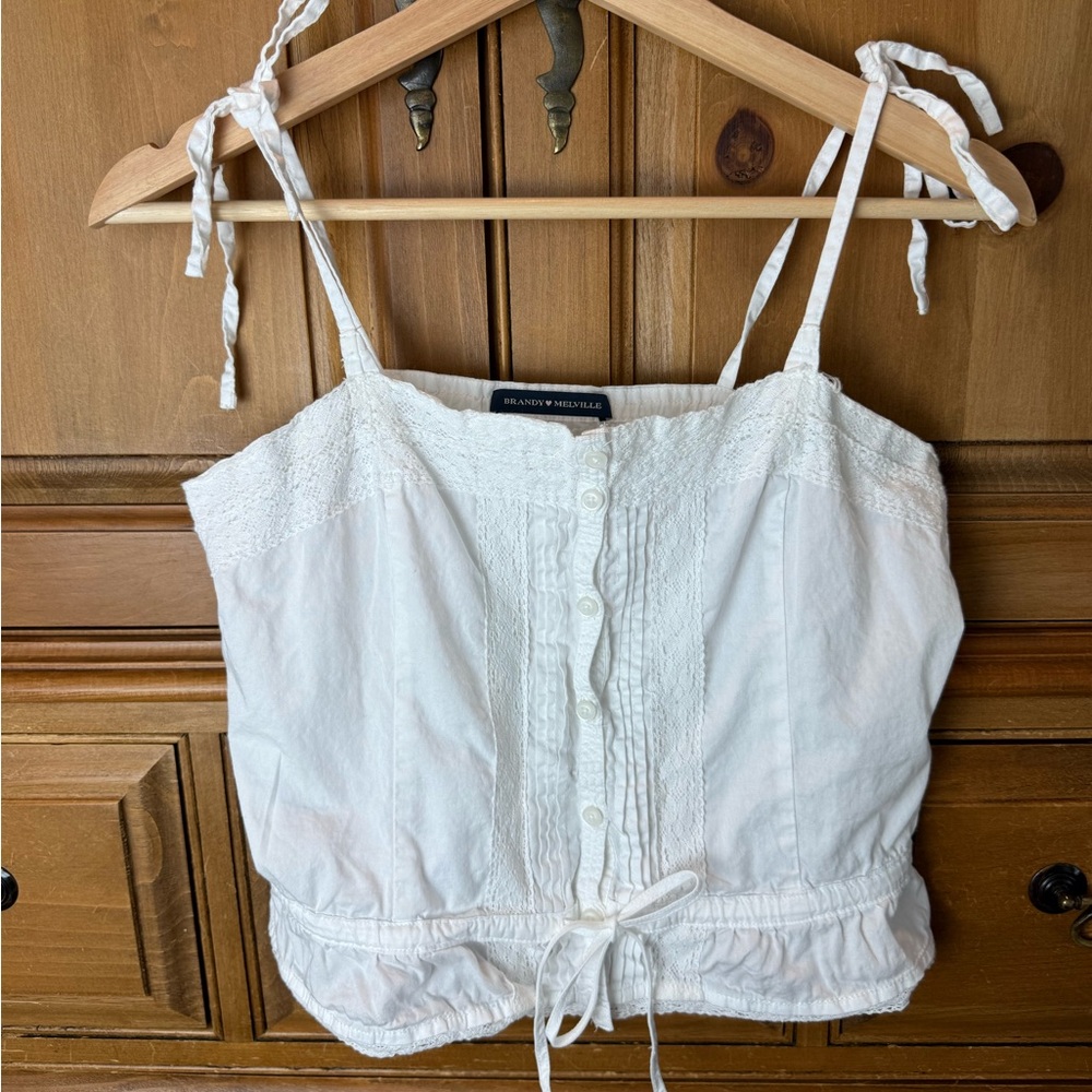 Brandy Melville White Lace-Trim Button Front Tie-Waist Cami